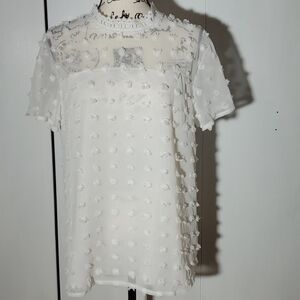Womens White Raised Puffy Texture Pom Pom Blouse Sheer Keyhole back Sz.Medium
